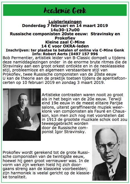 Affiche. Akademie Genk. OKRA. Russische componisten 20ste eeuw - Stravinsky en Prokofiev. 2019-02-07